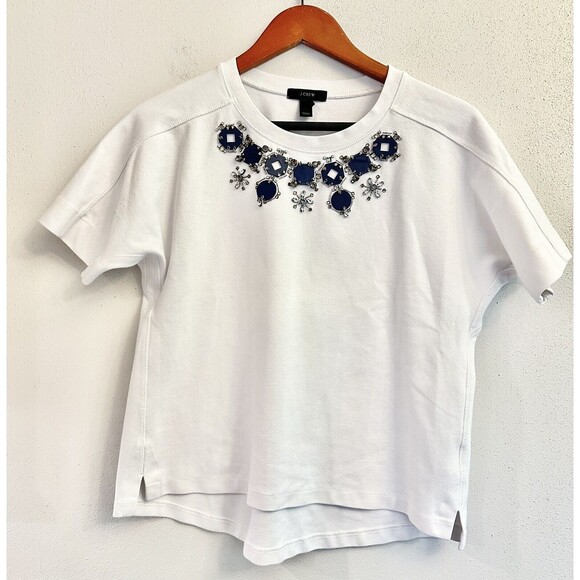 J. Crew White with‎ Blue Embellishments Sz. Small Women's Short Sleeve Blouse - Picture 1 of 10